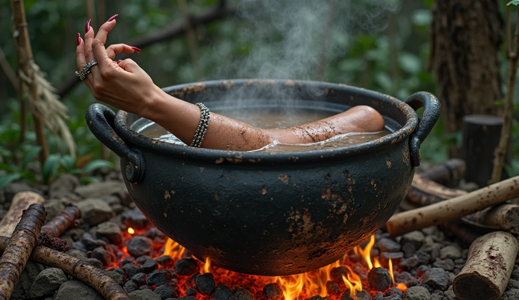 hyperrealistic photo of a 40-year-old Malay man without clothes soaking in a large cauldron boiling at 100 degrees Celsius. You can see the boiling water from the cauldron, smoke coming out of the boiling water, the background of the wall, which is worn and old, the picture is very detailed, clear and smooth