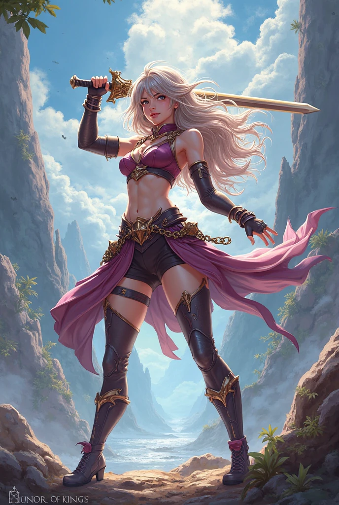 (Musculoso) (cabelo espinhado) (with a sword in her hand) (cara de mal) (forte) (fazendo pose)