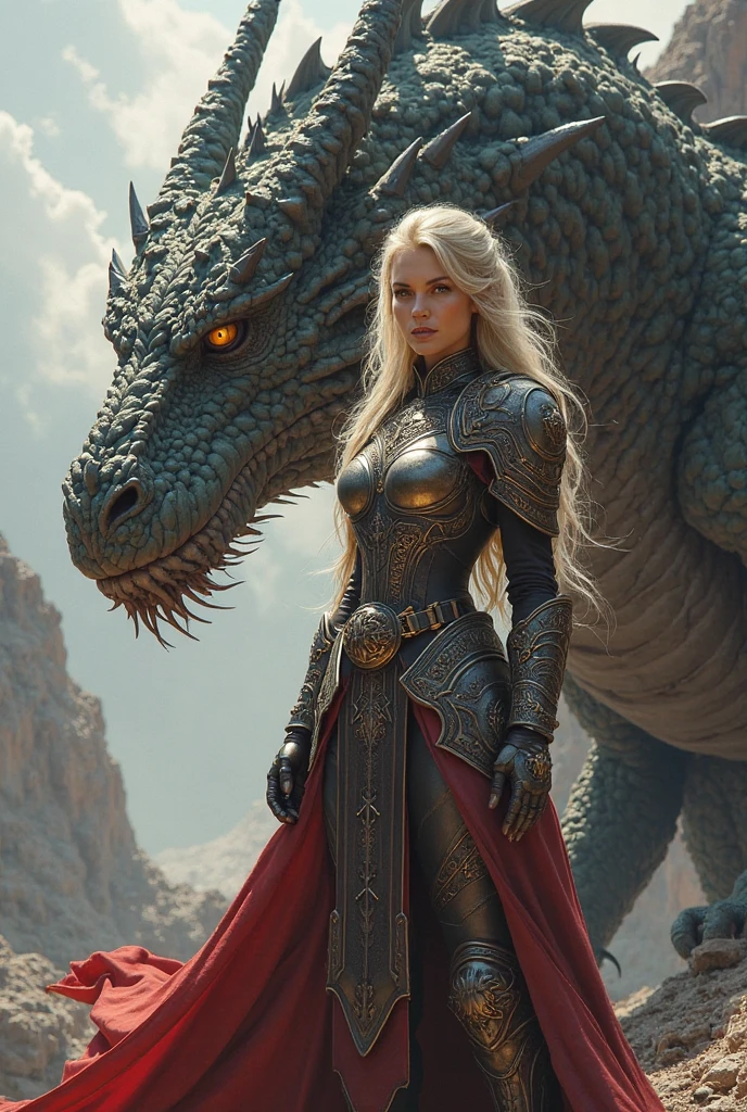 a queen riding a silver dragon with massive powerful wings, the queen is fierce and wild, wearing a battle dress, cinematic, dragon, legendary, defocused background
