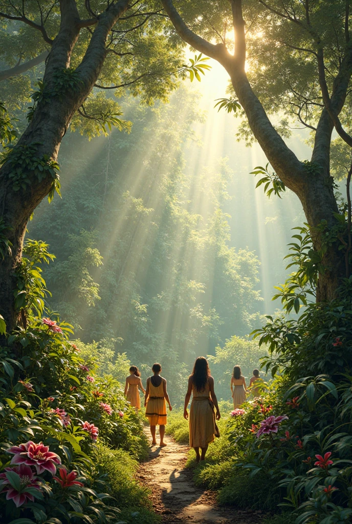 Video 1:1,A 200 year old old man is sitting in a dense forest, meditating, guarding him. Wild ferocious animals numbering 17 to 22 are sitting around him. In the Indian environment, a 35 year old young hot woman is dancing with her pallu dropped. To distract that old man's attention