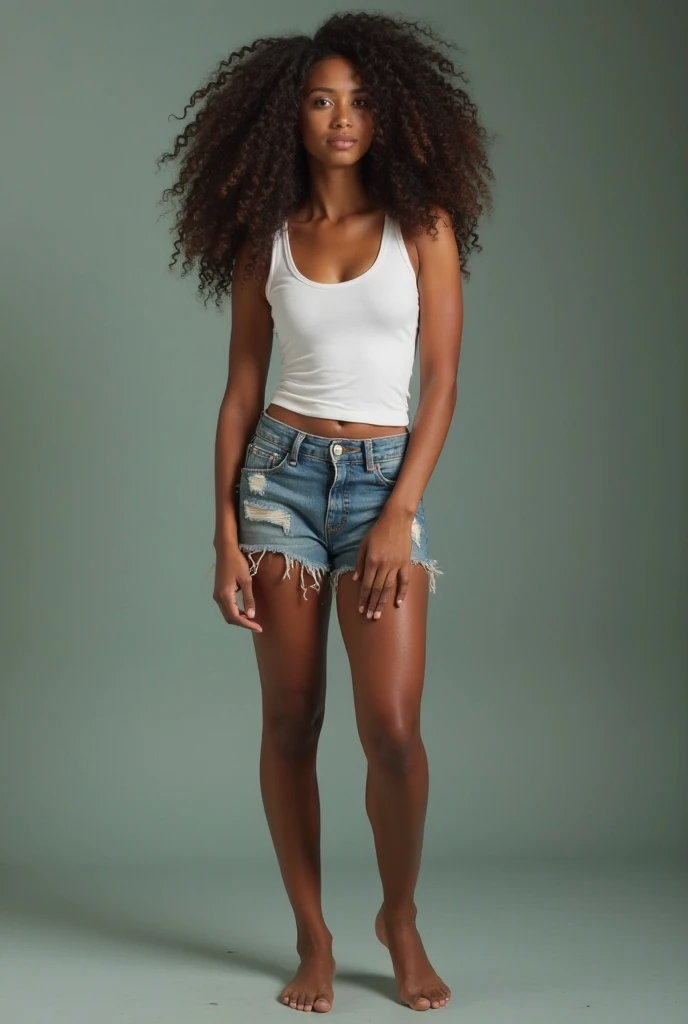 A stunning woman with amazing beauty and perfect proportions, full body nude. She has long, curly hair, with defined, natural curls that frame her face. Her eyes are a bright, deep blue, which contrasts with her intense black skin, similar to the tone of the inhabitants of Ethiopia.
He wears short denim shorts with a slightly distressed finish, showing realistic details such as visible seams and small stains that add authenticity. The cropped t-shirt is made of soft cotton, with a tight fit that shows off your navel; It has slight natural wrinkles in the fabric that adjusts to your figure. The red high-heeled shoes have a shiny finish and details such as the reflection of light in the material, accentuating their perfect silhouette.
The image must be photorealistic, of maximum quality, with high resolution and extremely detailed details in 8K. The black background highlights your silhouette, creating an elegant and modern contrast that allows you to appreciate all the nuances of your appearance. The focus is on the beauty of the character's slim body, capturing every detail with precision, from the texture of her skin to the shine of her shoes. The image must have a quality finish that makes it suitable as a wallpaper, with a photorealistic and raw appearance.