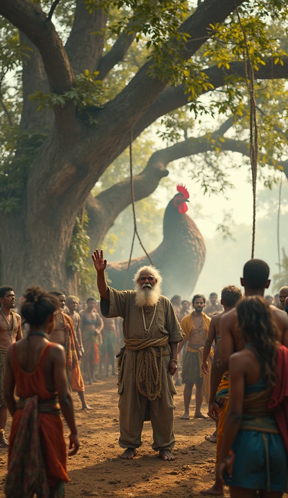 Create a dramatic scene of Jesus Christ struggling to carry a giant chicken up a muddy, rural road in a mountainous village. The sky is overcast, reflecting his effort and suffering. Jesus is visibly sweating and tears are streaming down his face. Villagers are watching him with expressions of awe and concern. The road is rough and the village is rustic, with simple, traditional houses in the background."