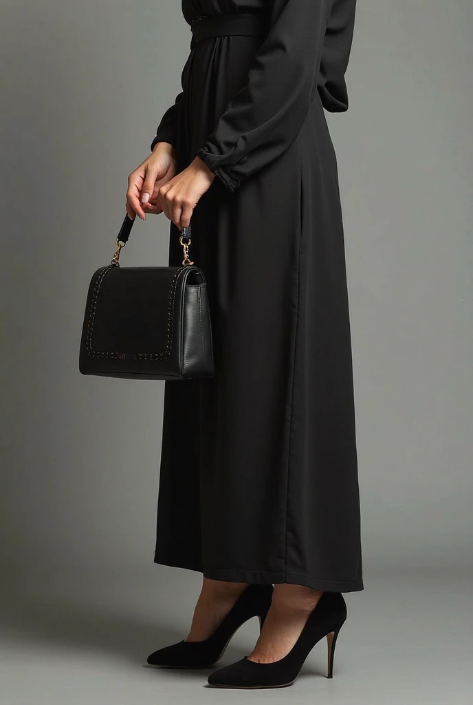 a woman in a black dress and sneakers poses for a picture, dark black long dress, modest flowing gown, dressed thobe, exquisite black accessories, modest!, black details, woman in black robes, wearing dark robe, dark flowing robe, flowing black gown, wearing black robe, deep black tones, with a long black cape, black dress with belt, black main color