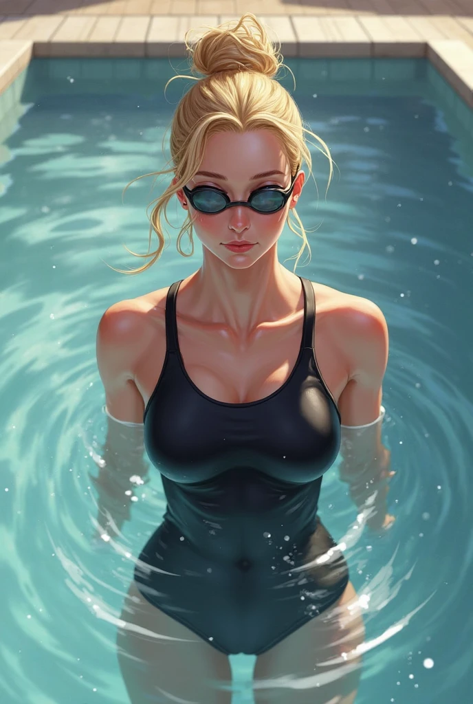 fondo de pantalla CG Unity 8k altamente detallado, Calidad superior, Super detailed, Obra maestra, realista, fotorrealista, Chica linda muy detallada, (25 years old), sonrojarse, ojos redondos, gafas, senos medianos, espectador, Tiro semi-cuerpo, swimming race suit, Piscina, Piscina, colas gemelas