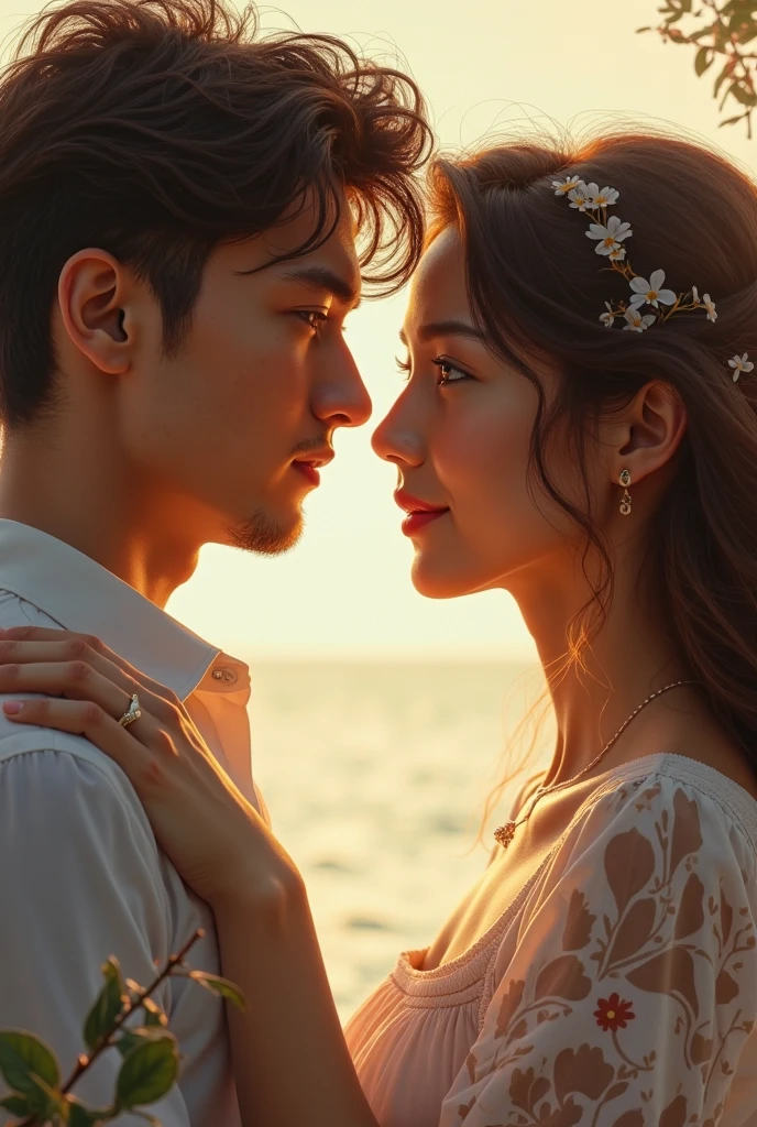 A beautiful sunset over the sea, capturing the love and happiness between a couple in their 30s as they gaze into each other's eyes during their wedding ceremony. The camera focuses on the couple standing on the left side."