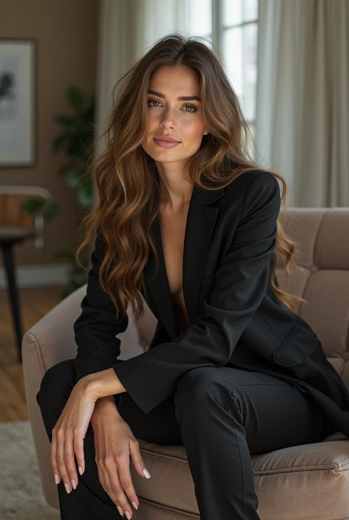 femme souriante, (((Cheveux courtusiness suits,((Jupe longue)),(tmasterpiece, premier quality, Droit proche et lointain), Belle expression, et 8K, Photo brute, photoreallistic, Grains de film, Chromatic aeration, high resolucion, Ultra-detailed, finely detail, dinamic lighting, dramatic lighting、Sombre、extremely detailed eyes and face、Round pupilureau moderne et luxueux)))、longues jambes