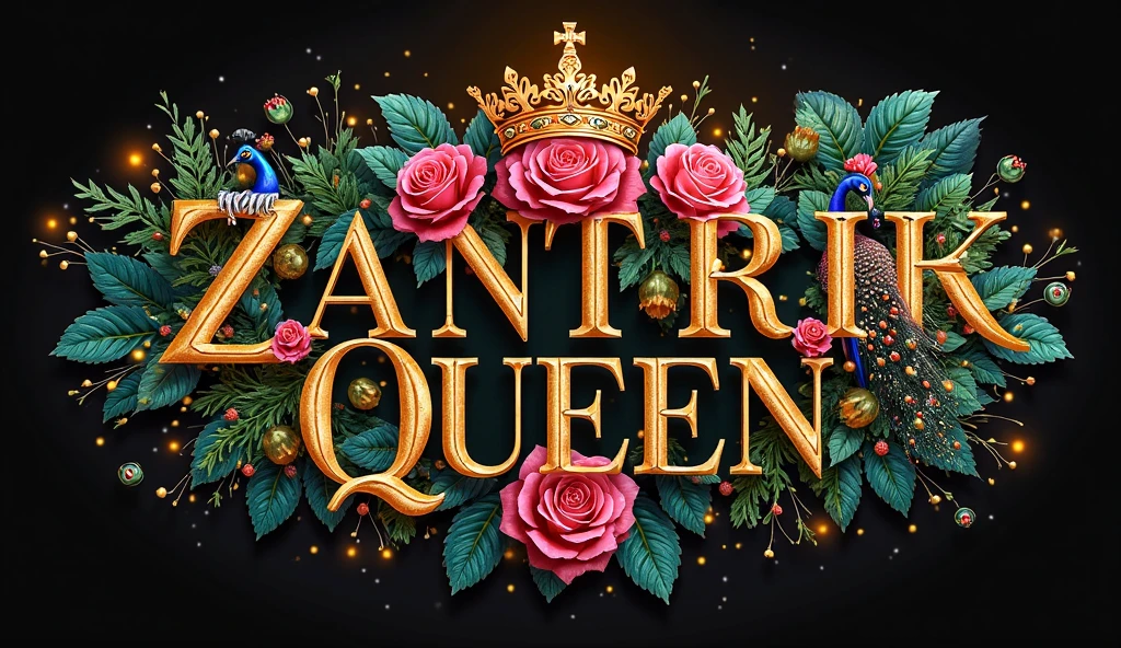 "A luxurious name design featuring the name 'ZANTRIK QUEEN,' adorned , shiny gold accents, a royal crown with roses, and a vibrant peacock with its feathers displayed. The background is a gradient of warm BLACK TRANSPARENT MARBAL tones."