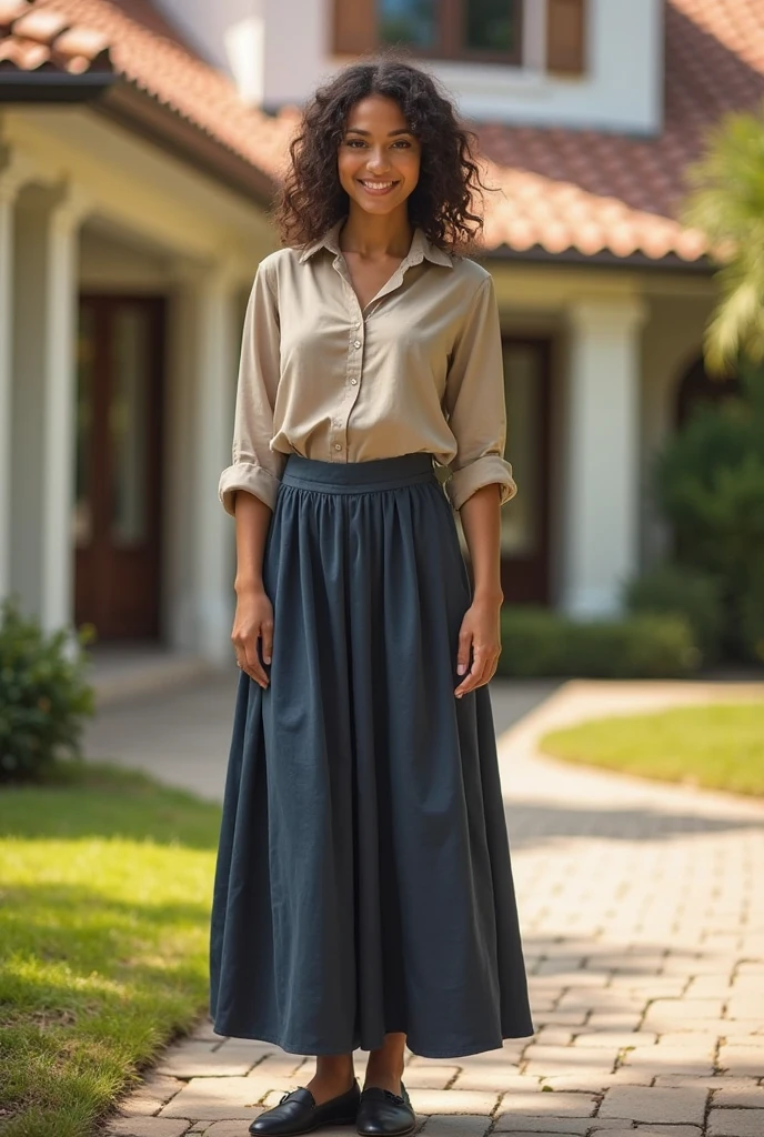 Zainab, 1girl, solo, ((Sudanese woman)), consistent face and body, ((MILF)), ((50 years old)), (mature), ((slim)), ((Sudanese face)), (Sudanese nose), (Sudanese lips), upper body and upper legs, (background: Chefchaouen), BREAK, (wearing stylish Generation Z modern wear and skirt)