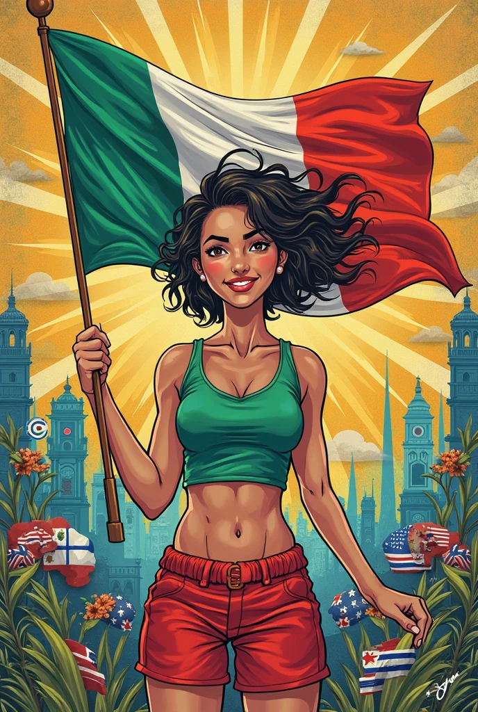 Close-up of a woman holding a baseball bat in front of an American flag, American Dream, Stylized digital illustration, Official artwork, retro artwork, lucio as a woman, sovietwave, beautiful retro art, pinup art, Vivid American colors, in style of digital illustration, Official illustration, 2K, 2 k, vintage illustration, illustrative art