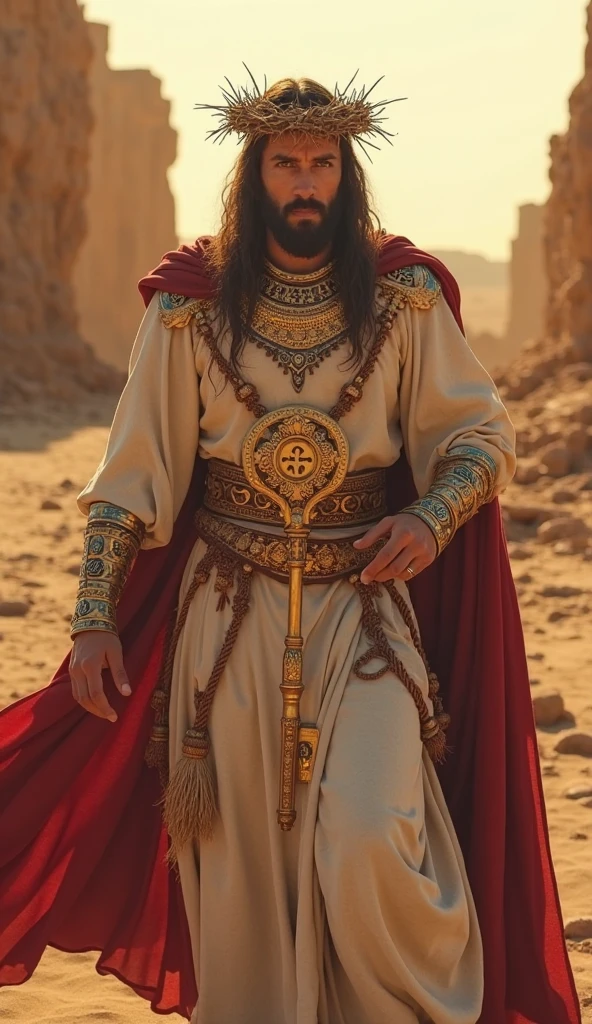 the biblical character Job standing in a position of prominence and well-being, representing wealth and superiority, in the background Palestine in 1500 BC