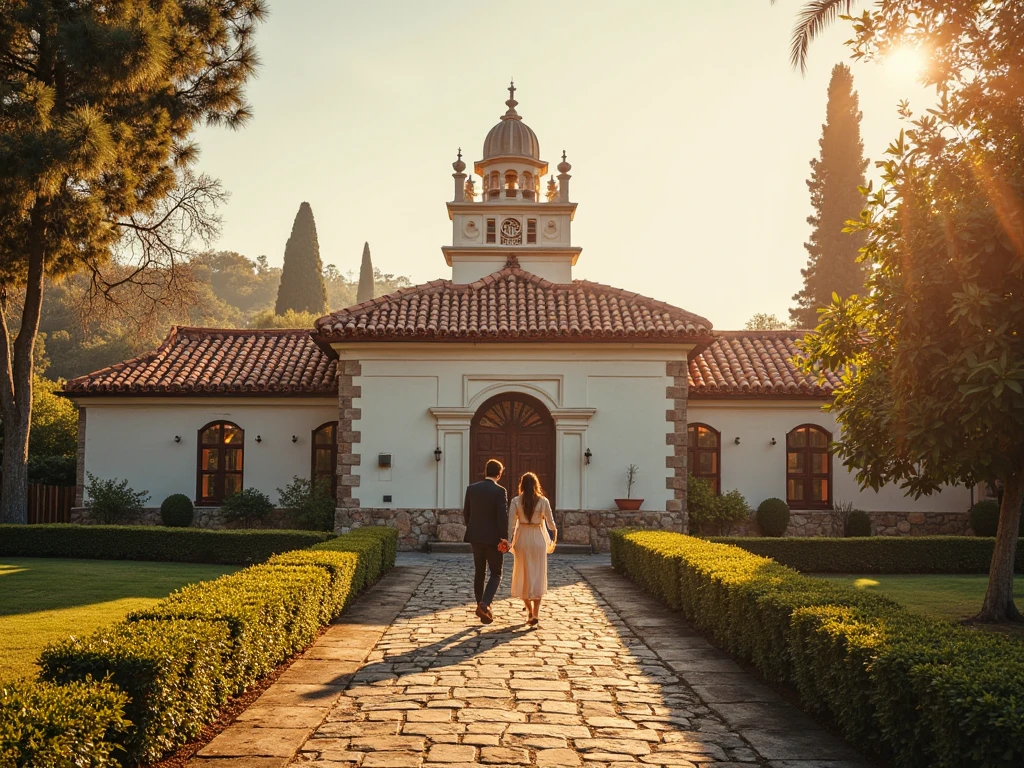 image of two silhouetted figures - one representing Anne and the other representing Marco - standing in a tranquil garden, com um convento ao fundo. The sky would be painted in shades of purple and pink, suggesting a romantic and dramatic sunset. The figures would be holding hands, with an expression of longing and tenderness in its contours. The title of the book, "Entre o Sagrado e o Proibido", estaria escrito em letras douradas e elegantes, em destaque no topo da capa.