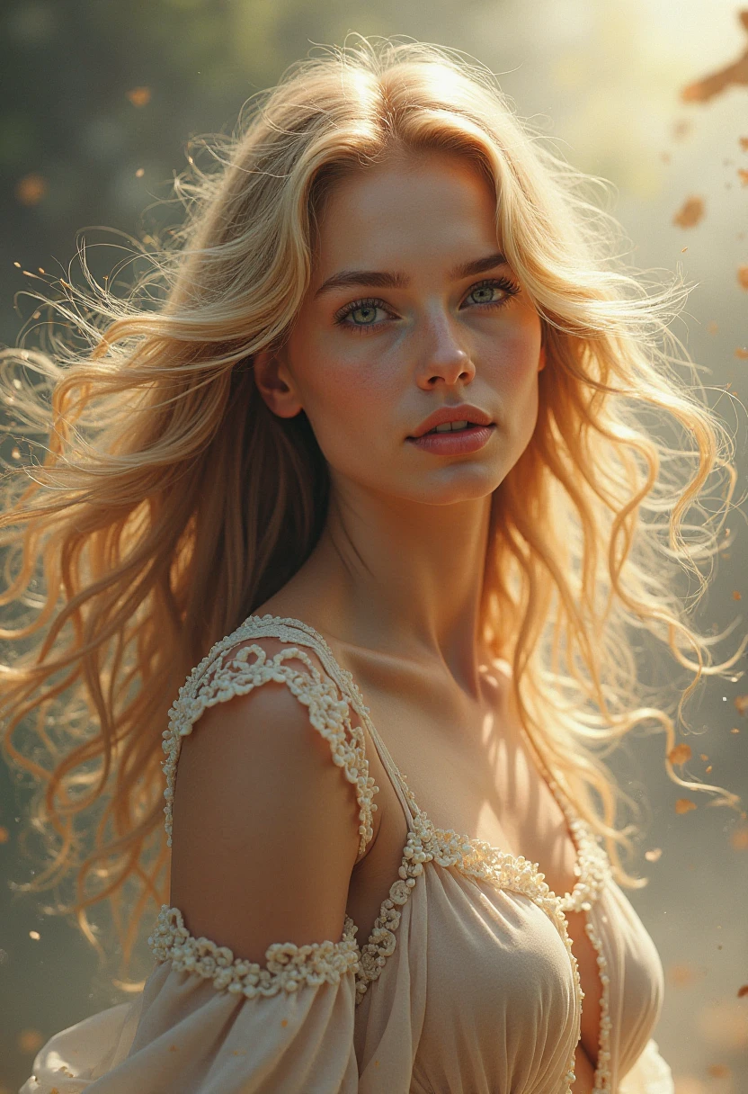 (Highest quality, masterpiece), One person, Pause, particle, Wind, flower, Upper Body, Simple Background, Looking at the audience, blonde, milky way, beautiful