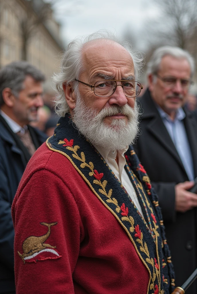 Man blowing a horn、The man is grinning、Dressed like a red wizard、In the city、The church can be seen in the background of the image.、Behind the man are rows of children.、The children have a blank look on their faces, as if they have been brainwashed.