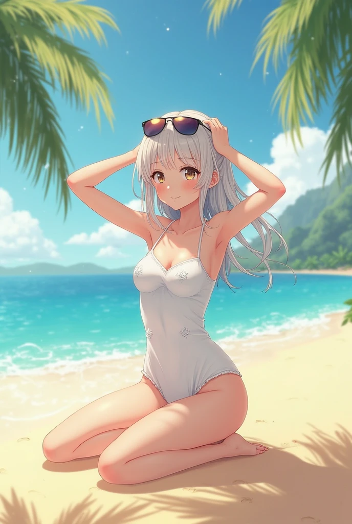 A beautiful anime girl with white hair, wearing a sexy white bikini and a revealing thong, laying on a beach and eating an ice cream on a sunny summer day, photographed from a low camera angle thigh up, stunning landscape