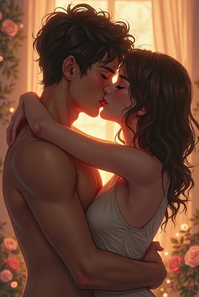 Make a yaoi of a boy x boy and the alpha has black hair with straight hair, and that the omega man has straight brown hair