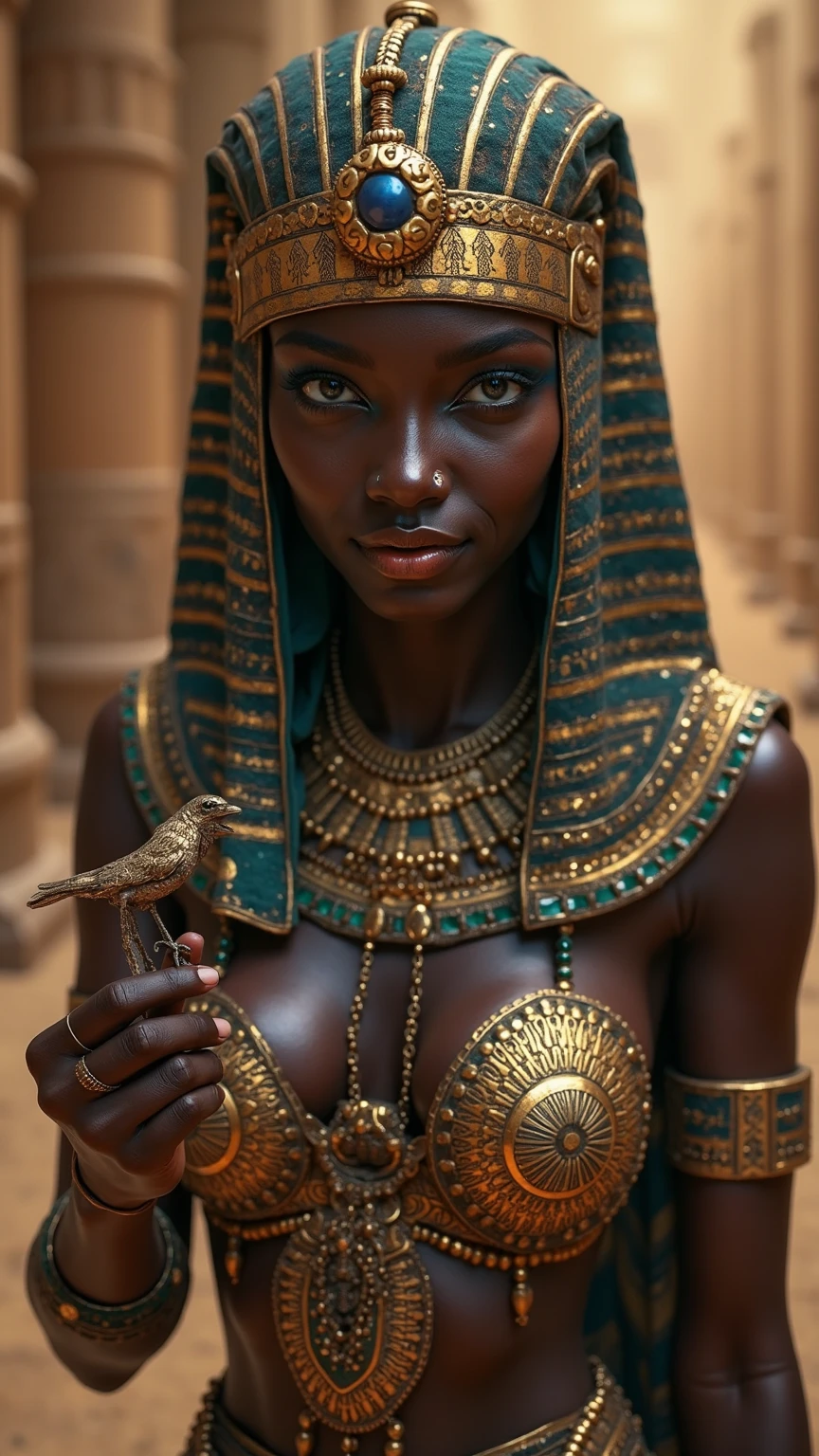 (masterpiece mystical illlustration, high quality:1.3), (close-up:0.9), upper body, solo, (a cute girl:1.1), (egyptian, dark skin, short hair, black cleopatra bob hair, mistery shining eyes:1.2), (18 years old, tiny:1.5), egyptian god, (pharaoh:0.7), epic pyramid background, (golden glow:1.2), (cinematic look:1.2), soothing tones, insane details, intricate details, hyperdetailed, low contrast, soft cinematic light, dim colors, (nsfw:1.2)
