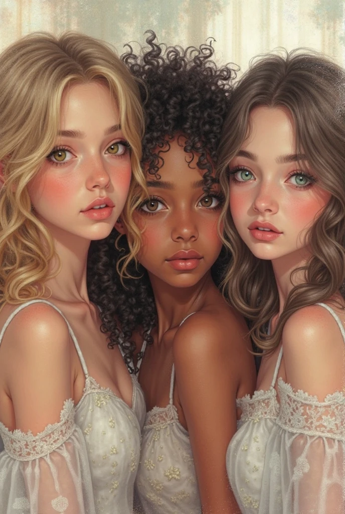 Generates a realistic image of a very cute blue-eyed blonde girl with a tattoo of the letter A and a butterfly and two cute black and brown haired girls with tattoos of the letter I as sisters