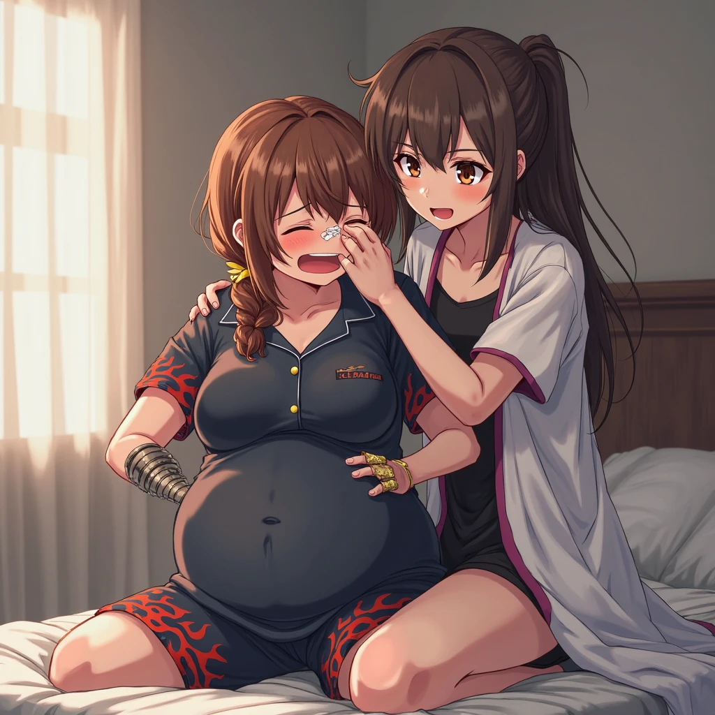 Pink hot pants, white T-shirt, brown hair, short hair, tongue out, smiling, baby bottle, baby fox, red makeup, adult woman