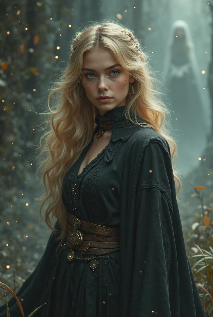 Real、 Looks real、 devil、A long horn grows from its forehead、 A beautiful blonde-haired, blue-eyed woman in her twenties、 Wearing a black blue dress、Full Body、Smile eerily、8K