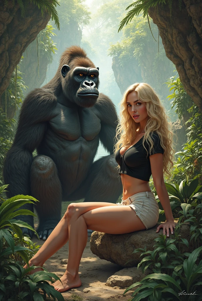  A Limp fainted sleepy blonde leopard bikini cavewoman being carried by giant gorilla in his arms cradling her nsfw