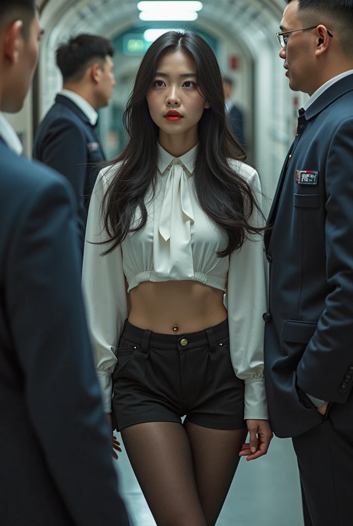 dusk,dramatic,((night:1.3)) ,(best quality,high resolution,8K:1.3),(Real movie stills:1.3), (actual、lifelike、Realism:1.3), full body portrait,Shots from a distance,Movie cover style,1 girl ,1 girl和2名男人,Tall man,beautiful girl,beautiful face,Highly detailed facial details,Highly detailed eyes,Perfect body,((Stylish long hair:1.2)) ,((slender legs:1.2)) ,(Realistic skin texture:1.3),(film grain:1.3),(in the darkness, midnight) ,((cleavage)), ((Sexy high heels:1.2)) ,((Uniforms:1.5)),((复杂的Uniforms、badge:1.3)) ,((cleavage:1.4)) ,Threatening atmosphere, ((full body shot:1.5)),((in the darkness:1.3)), ((sharp focus:1.4)) ((standing posture:1.3)),Movie plot,(sharp focus:1.2), Very detailed, (lifelike:1.4), (The original image, 8K high resolution:1.2), RAW candid movies, 16 mm, Color graded Portra 400 film, Surreal, subsurface scattering, Ray tracing, (Volumetric lighting),(((Girl with 2 strong men))),Threatening atmosphere,The background is the men's lavatory,Standing water on the ground