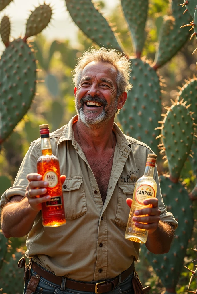 ((best quality)), ((masterpiece)), (detailed), perfect face 50-year-old man with slightly graying brown hair holding a bottle of cheap vodka wearing a colorful shirt and the photo must be taken from an angle below