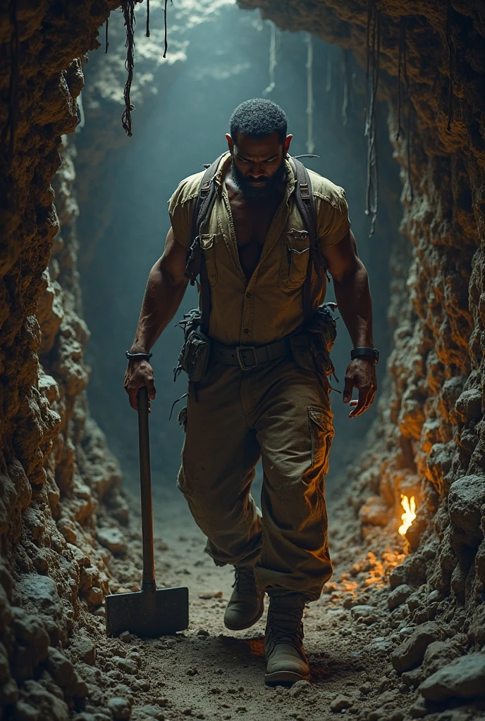 Picture of a very slim black young man holding an axe