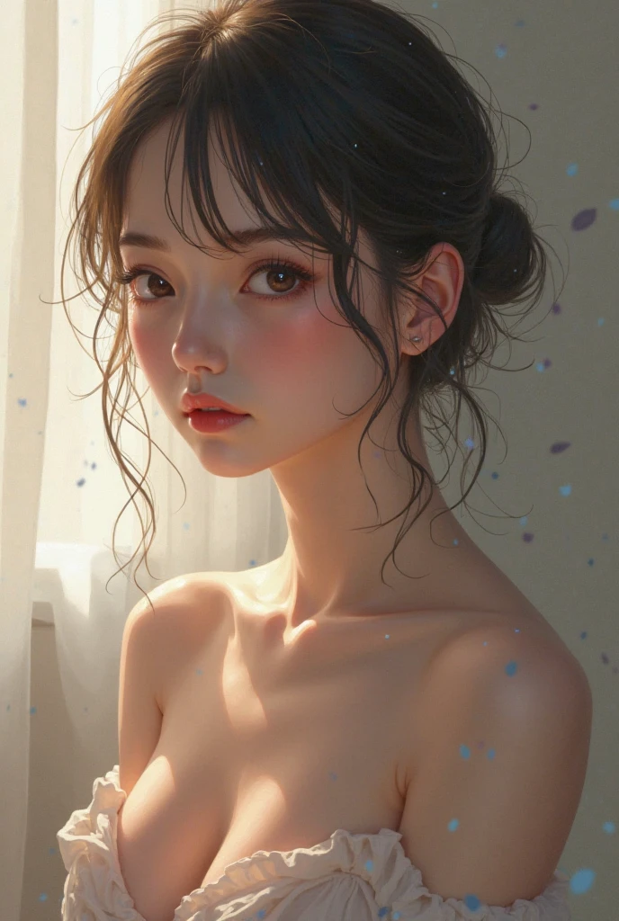(((Masterpiece))), (((portrait))), Kujou Sara, diffused light, dynamic shadows, sharp focus, realistic, detailed, highres, absurdres, white background, no bra, photorealistic, lifelike, wet, mascara, blushing, sleeveless, youthful appearance, pee stain, white panties, (((nudist))), (((swept bangs))), (((side braided ponytails))), (((lips apart))), (((side))),
