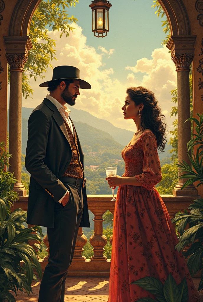 Casal Apaixonado, duas pessoas pardas, The Carioca Man and the Gaucho Woman, Heart in the background formed by plants, flowers and more in the background the Ferris wheel of Balneário Camboriú and mountains.