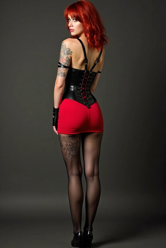 Full body photo. Detailed, realistic depictions of an exuberant 22-year-old woman radiating a distinctive pin-up style. Straight red hair. Transparent sandals with transparent stiletto heels, red lingerie with a corset and very sexy stockings. Photograph from the back with hands holding hair, extremely sexy. realist. The pin-up talent is undeniable. Artistic tattoos add a contemporary touch. Their postures and expressions, combined with their pin-up looks, create a fusion between classic vintage and contemporary. White photo studio background, hot session. ultra-realistic photography.