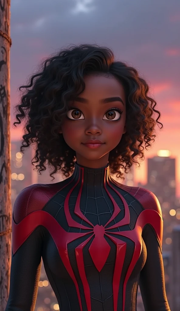 Create a Marvel comic book character, 6  boy, skin black,  eyes black, very curly blue and short hair, dressed in the black Spider-Man costume Miles Morales, releasing cobwebs through your hands,  full body and in the background buildings and villains 