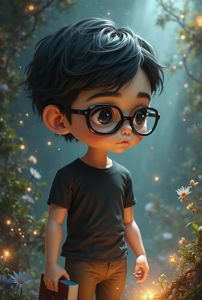 A boy with medium curly and straight hair, complexion between dark and light, brown eyes and rectangular glasses