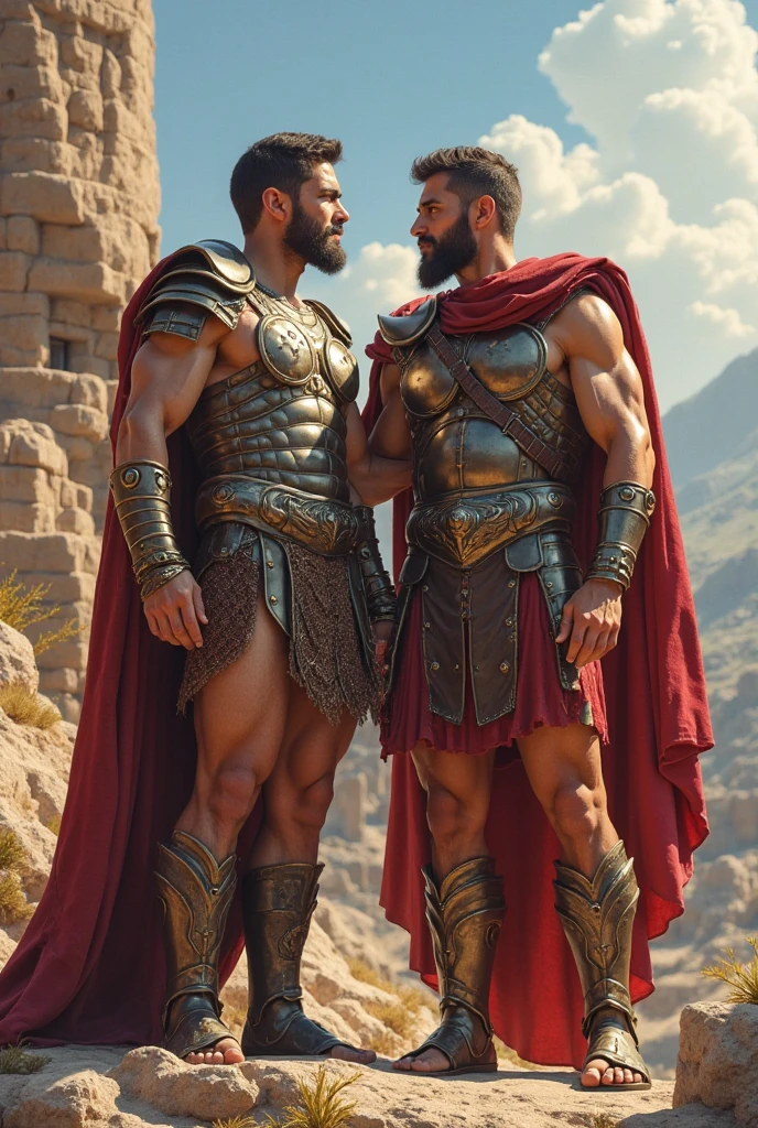Ancient Rome. Muscular, with a carefully shaved face, no beard or mustache, a handsome, half-dressed, blond centurion of the Roman army, 45 years old. He fucks in the ass a red-haired slave boy of 18 years old, poorly dressed, who is in love with him. . there is joy and pleasure on the centurion's face