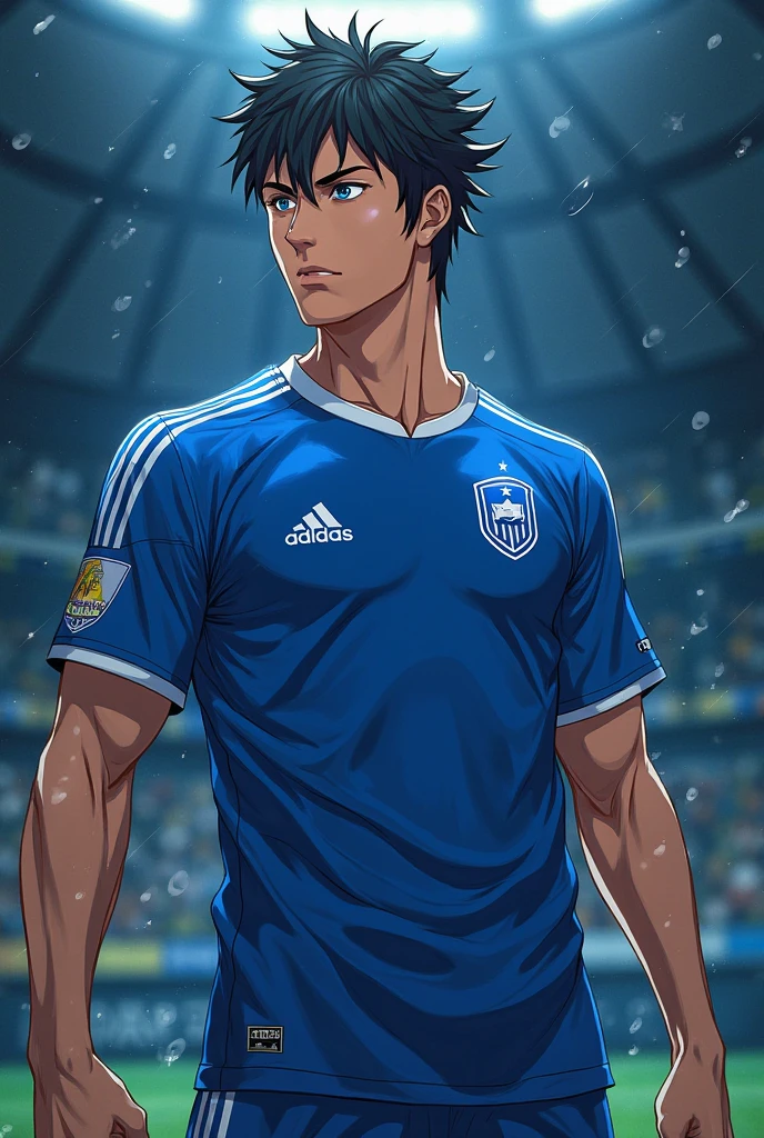 anime boy ,lead hair curly hair ,White skin,tall height,muscled body,white soccer clothing