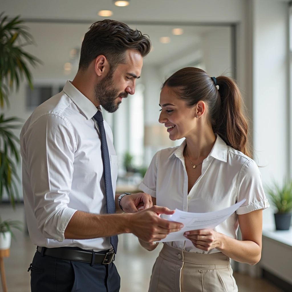 In a nice office with cubicles there are two people, an attractive woman looking at ipad smiling, Beautiful Latin Woman, and an attractive man talking to the woman, They are sitting next to each other in their offices, natural light.
