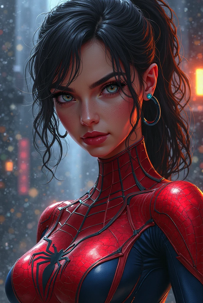 A realistic comic book style image of the Marvel Universe. a woman of , white skin and freckles on the face. Hair must be black, with bangs and shoulder length, Replicated. Brown eyes not so big and wearing the Spiderman suit. full mouth.
