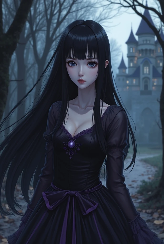 Anime style Castlevania vampire with black hair, pale eyes, violet eyes and gothic dress 