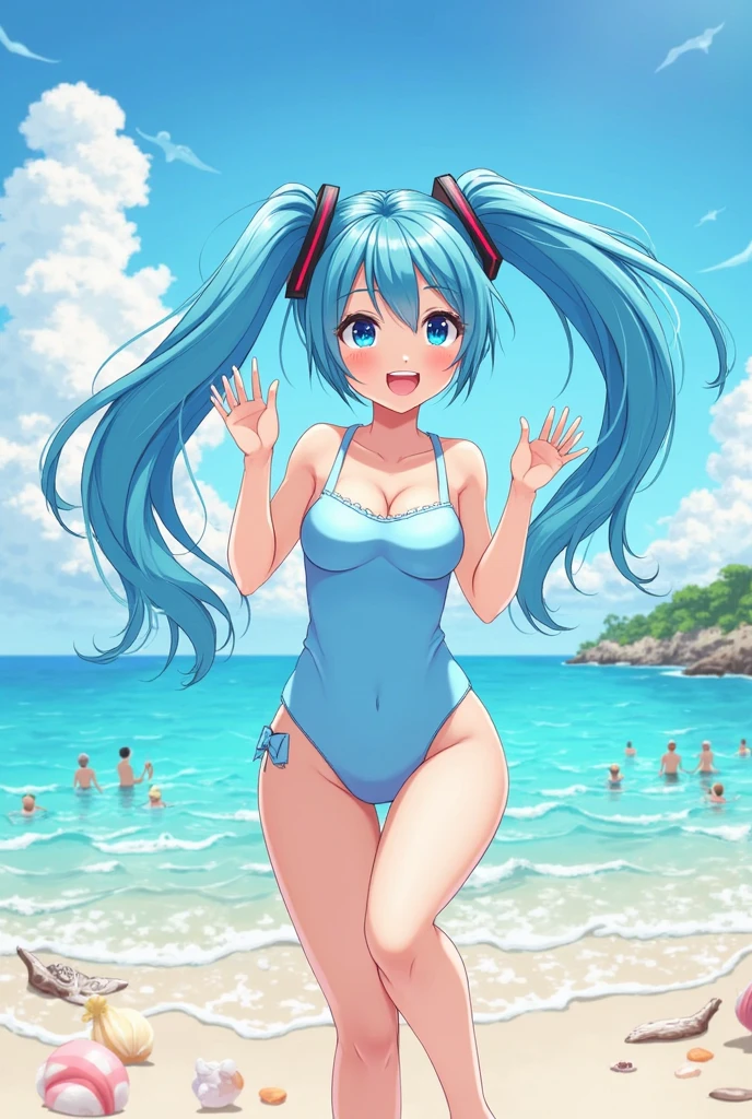 1girl,solo,breasts,large breasts,twintails,blue hair,hair ornament,blue bikini,breastmilk