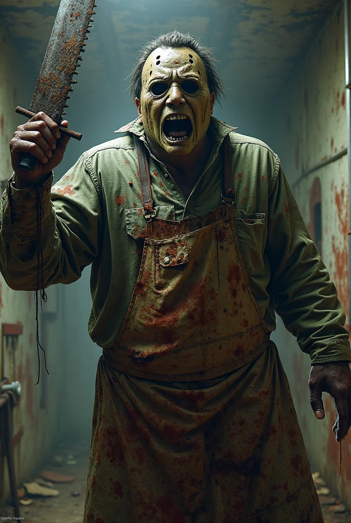 Texas Background、Aggressive pose、８ｋ、Dark fantasy、murderer、Shaggy hair、The Texas Chainsaw Massacre、Leatherface、Strong body、Fat body、apron、blood droplets、Holding a chainsaw with both hands、Give the viewer a malicious look, Grabbing Viewer, For the viewer,Shallow depth of field, Vignette, Very detailed, High budget, Bokeh, CinemaScope, Sulky, amazing, nice, Film Grain, granular . Creepy, Anxious, dark, Creepyな, Suspenseful, strict, Very detailed