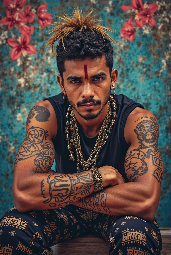 A Indian 30 years aged man has lord Shiva rudraksha tattoo on his chest. His room wall had lord Shiva photo, pen images. Blur family image