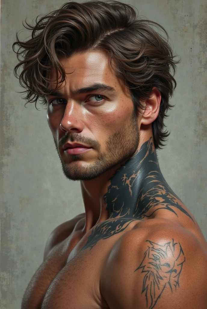Young male, 25 years old, with beard, shirtless, full body, Surrealism, high detail, cinematic lighting, UHD, retina, masterpiece, anatomically correct, textured skin, super detail, high details, high quality, best quality, highres, 1080P, HD, 16k