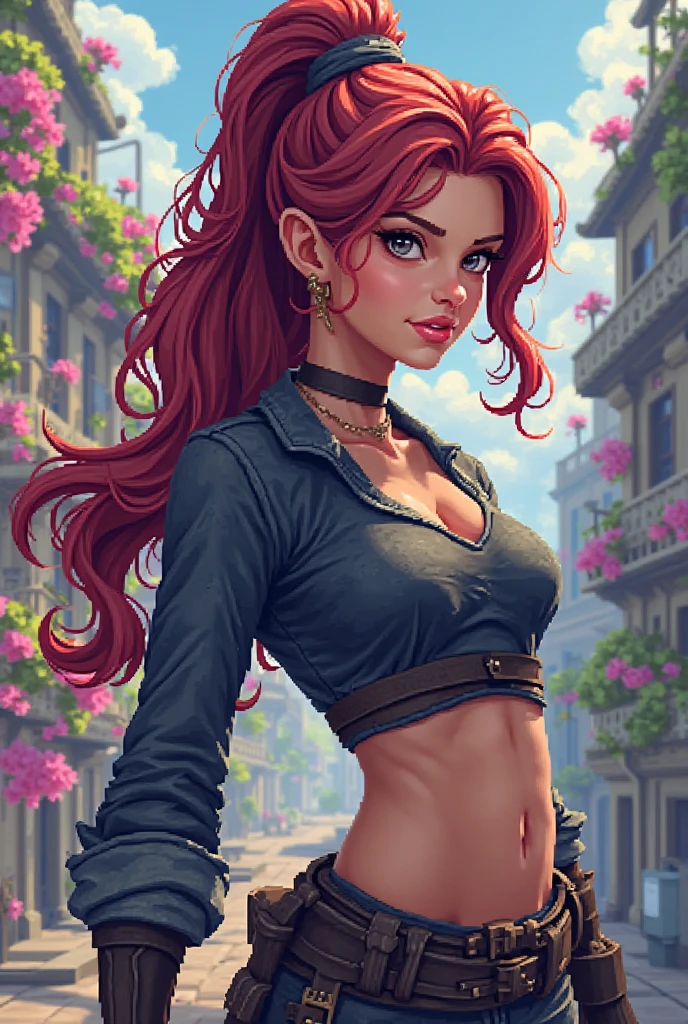 A beautiful detailed girl with long red hair, brown eyes, and makeup, wearing a loincloth, in a sunny background, (best quality,4k,8k,highres,masterpiece:1.2),ultra-detailed,extremely detailed eyes and face, longeyelashes, vivid colors, studio lighting, professional