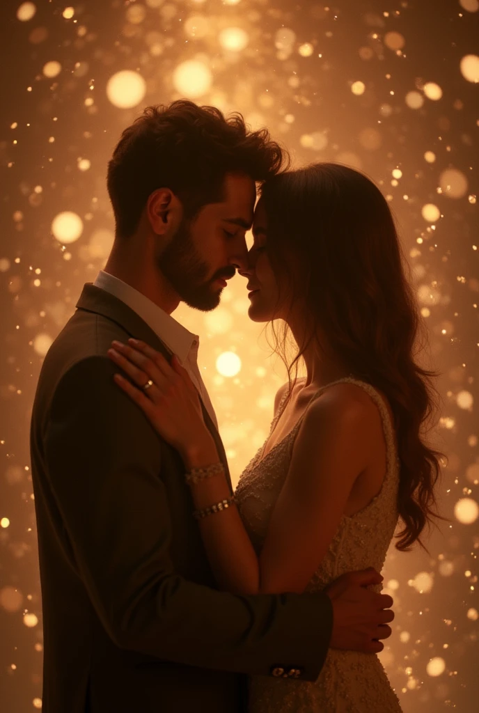 A handsome man grabbing an elegant beautiful woman from back, the man is smiling mysteriously and the woman is in love, the background is romantic and twinkling in soft light.