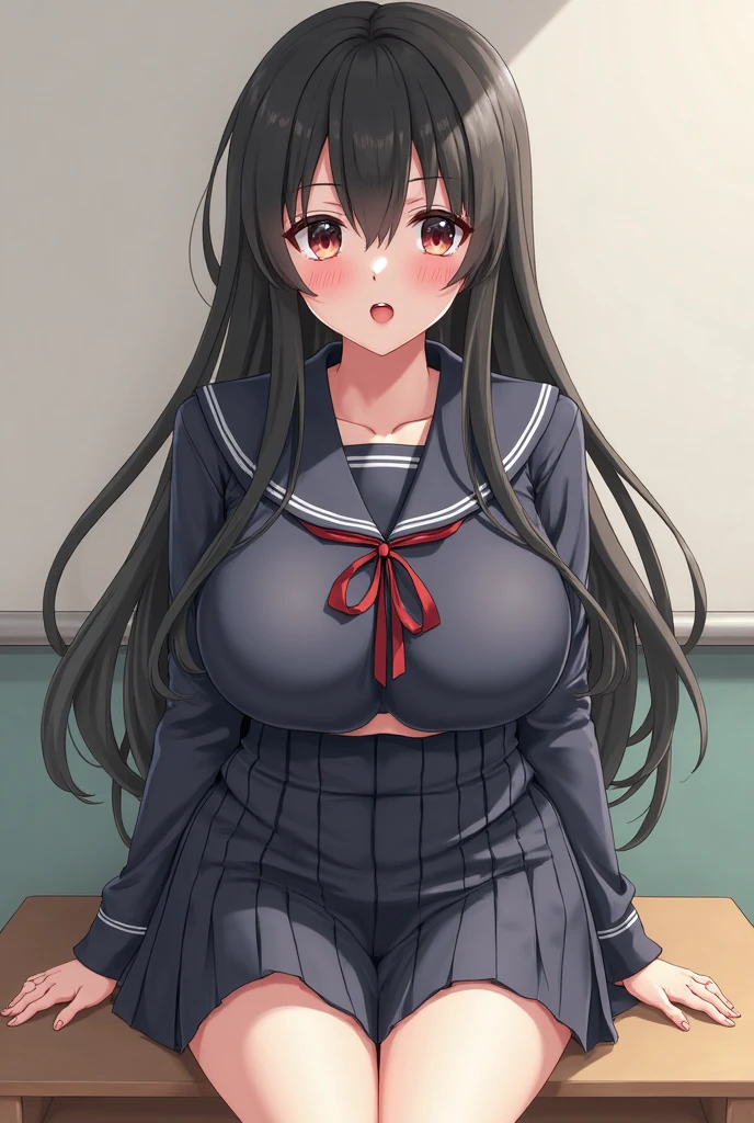 masterpiece, best quality, highres, aautaha, long hair, black hair, hairband, , sailor collar, sweater vest, blue sweater, white shirt, short sleeves, pleated skirt, blue skirt, black pantyhose:1.2, cowgirl position, straddling, 1boy, 1girl, sex, penis,