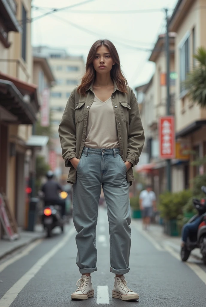 Female supermodel. Green t-shirt and jeans. Dim, soft lighting. Sunset. Sugamo Jizodori Shopping Street, Tokyo, Japan. Sunset.