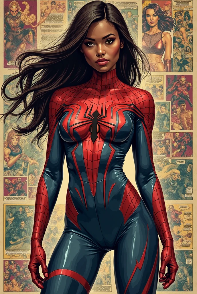 Amy Acker、stick out the navel、new york、She's wearing a torn Spider-Man suit,Wearing a skirt、 Red and black color scheme,dynamic、masterpiece、highest quality、Ultra-detailed、Very detailed、Beautiful sparkle in the details、超A high resolution