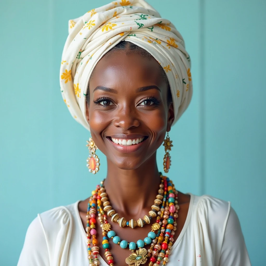 face, black woman, beautiful, thin nose, light brown eyes, friendly smile, basic makeup, nude lipstick, wearing white Umbanda clothing, white cloth on her head, with a string of Umbanda beads, realistic image, face image, background photo curtain, coral color