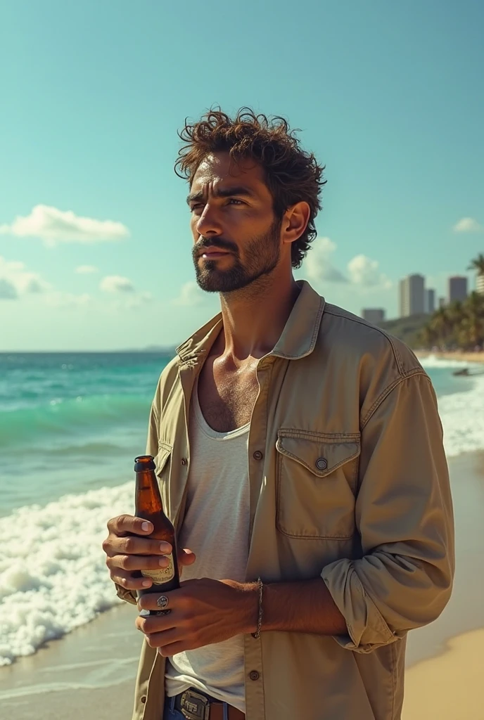Asian male, 35 year old, dark brown crew cut hair, brown colored eyes, sunglasses, blue shirt and white pants, holding beer glass, the sunrise on the Algarve beach, blue sky, blue atmosphere