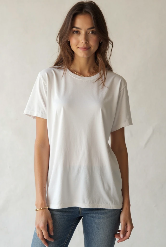 (photorealism: 1.2) I want a young woman of 20 years old, dark blue eyes, round and beautiful 1.2 breasts, who has a very beautiful defined face, who has Turkish features, brown hair, 1.74, long legs, thin and athletic and slender build, who is standing in a provocative pose, wearing a white XL t-shirt, without pants (4k), (high resolution) (HD image)