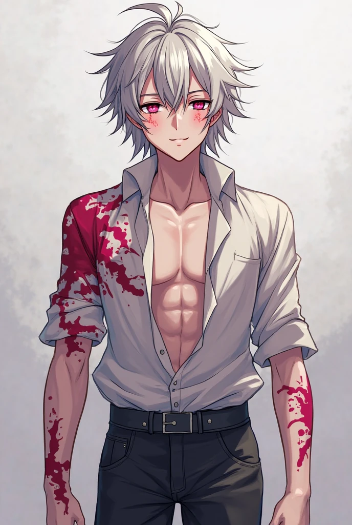 He is thin, cute, 16-year-old boy, gray eyes, gray hair, he is bleeding on his head and on his chest he has been hit.